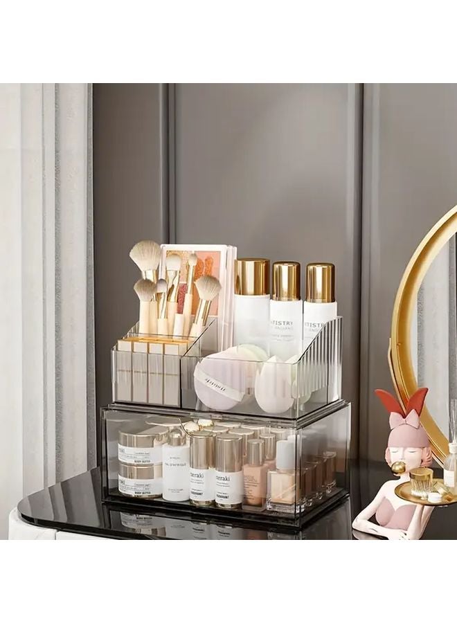 Double Layer Transparent Gray Cosmetic Storage Box Drawer Style Organizer For Makeup And Skincare - Image 5